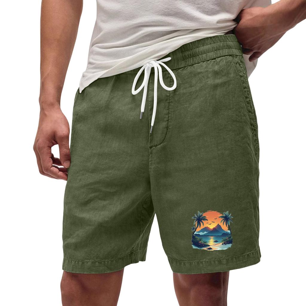 Men’s Casual Loose Fit Drawstring Waist Shorts with Hawaiian Beach Print Relaxed Linen Blend Summer Athletic Pants