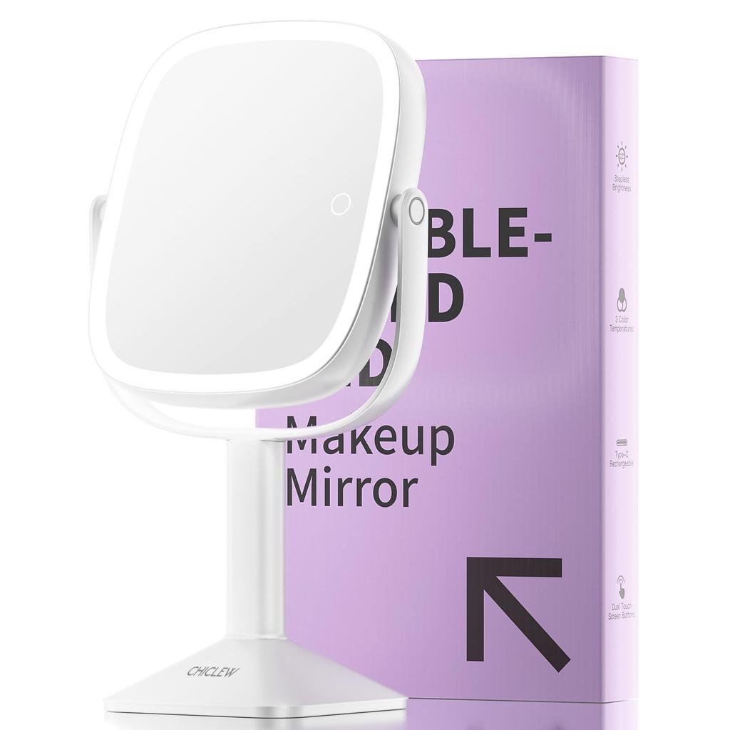 CHICLEW Makeup Magnification with Light Large 24cm Large Actress Stepless 3 Color LED Adjustable Detachable Touch USB Rechargeable Mirror, 1X/10X