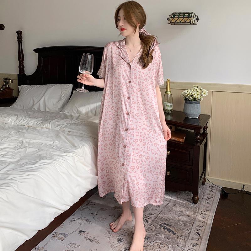 Summer Leopard Print Lace Ice Silk Nightgown - Women's Luxury Short Sleeve Sleepwear