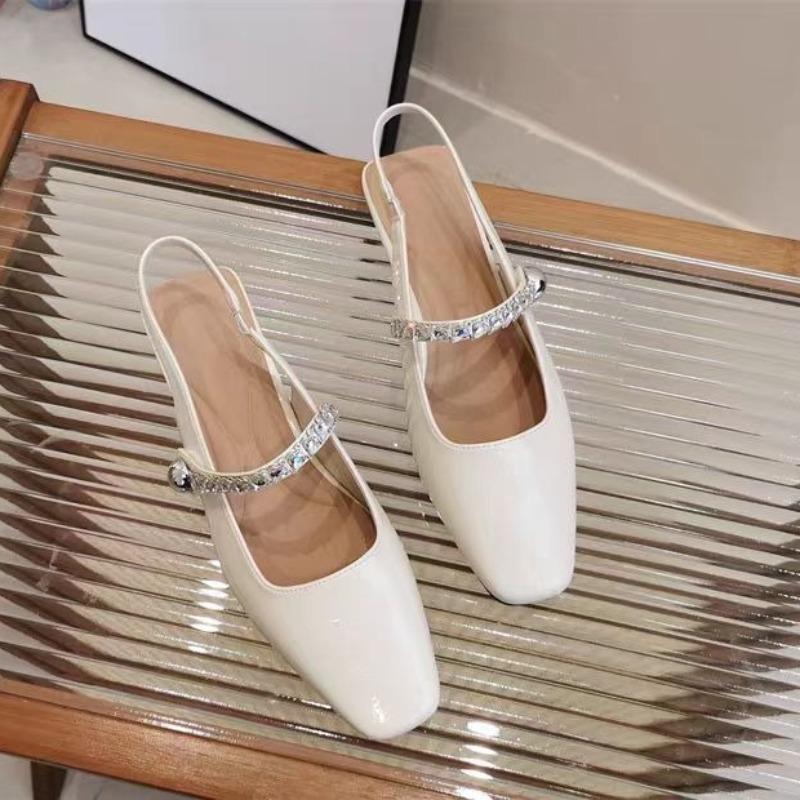Square Toe Comfort Shoes for Women 2025 Summer Buckle Strap Block Heels Rhinestone Sandals Suit Female Beige Low Chunky Spring