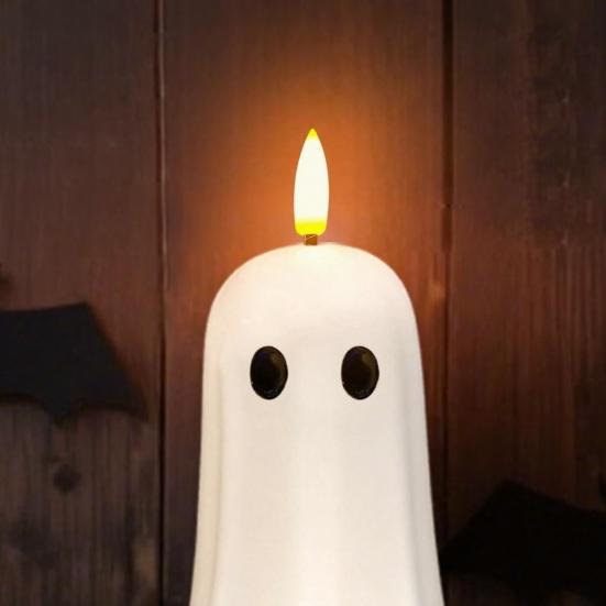 Realistic Wax Ghost Candle Halloween Flameless Candles, Battery Operated LED Flickering Light, Real Bedroom Nightstand Ornament Cute 3D Pillar