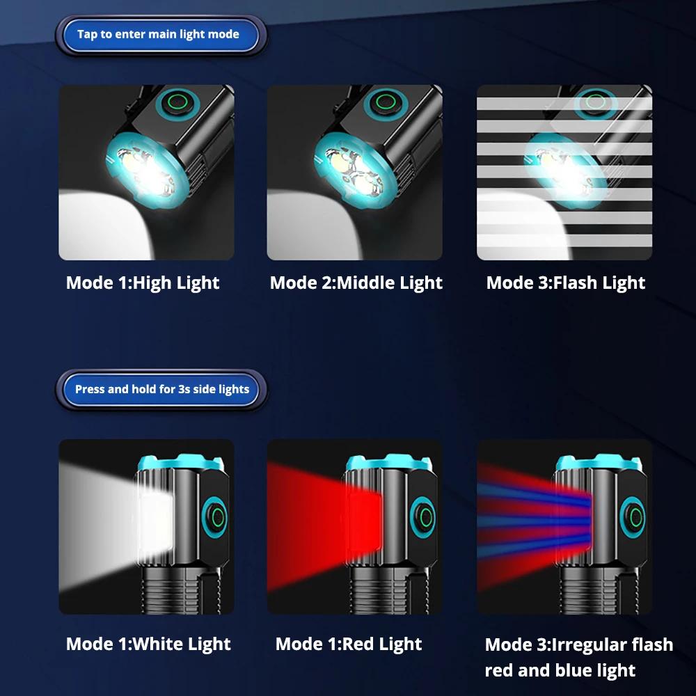 Mini 3LED Flashlight Ultra Strong Portable Lights 5 Lighting Modes USB Rechargeable Built-in Battery with COB Lights Pen Clip