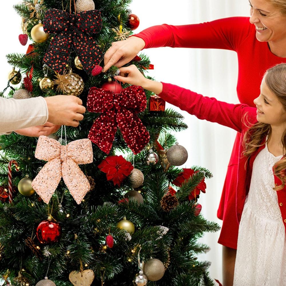 Sparkling Bow Decoration Elegant Sequined Xmas Ornament Christmas Bow Pendant Holiday Bowknot Hanging For Garland