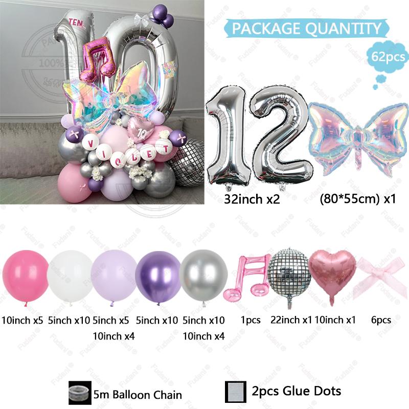 62pcs Colorful Bow Disco Balloon Silver Number Birthday Balloon Set Pink Music Note Children Adult Festive Party Decoration