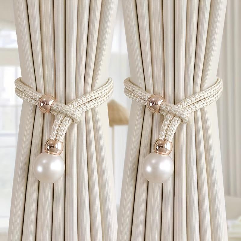 2 Stück Deluxe Französische Raffhalter mit glänzenden Kunstperlen-Akzenten - Elegantes Polyester, kein Bohren, verstellbare Kordel für exquisite Heimdekoration