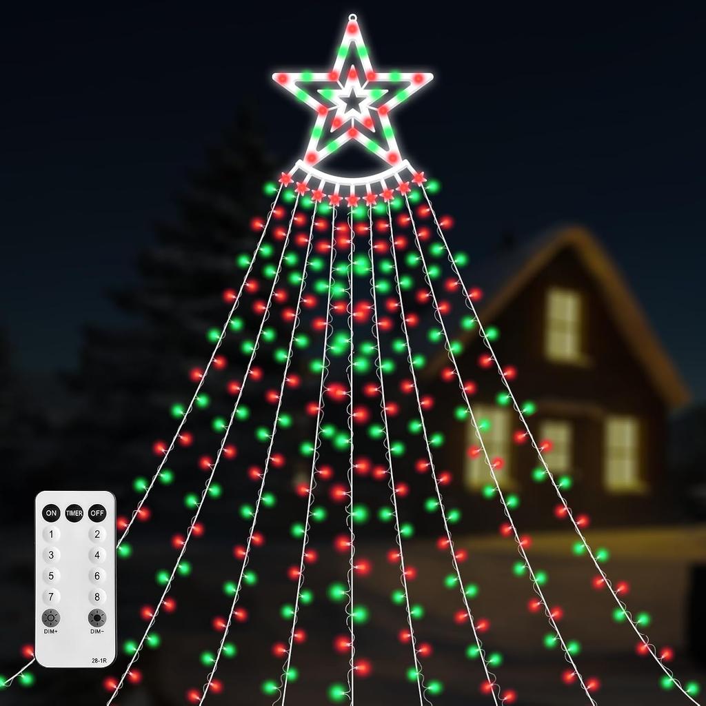 350 LED Christmas Decorations Star String Lights Waterproof Waterfall StarLights 8 Light Modes Remote & Timer,Waterproof Seasonal Lighting Decor for