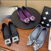 Fashion Women's Fashion Pointed Toe Shallow Slip Rhinestone Square Buckle Soft Sole Non-Slip Flat Inside Heightening Single Shoes