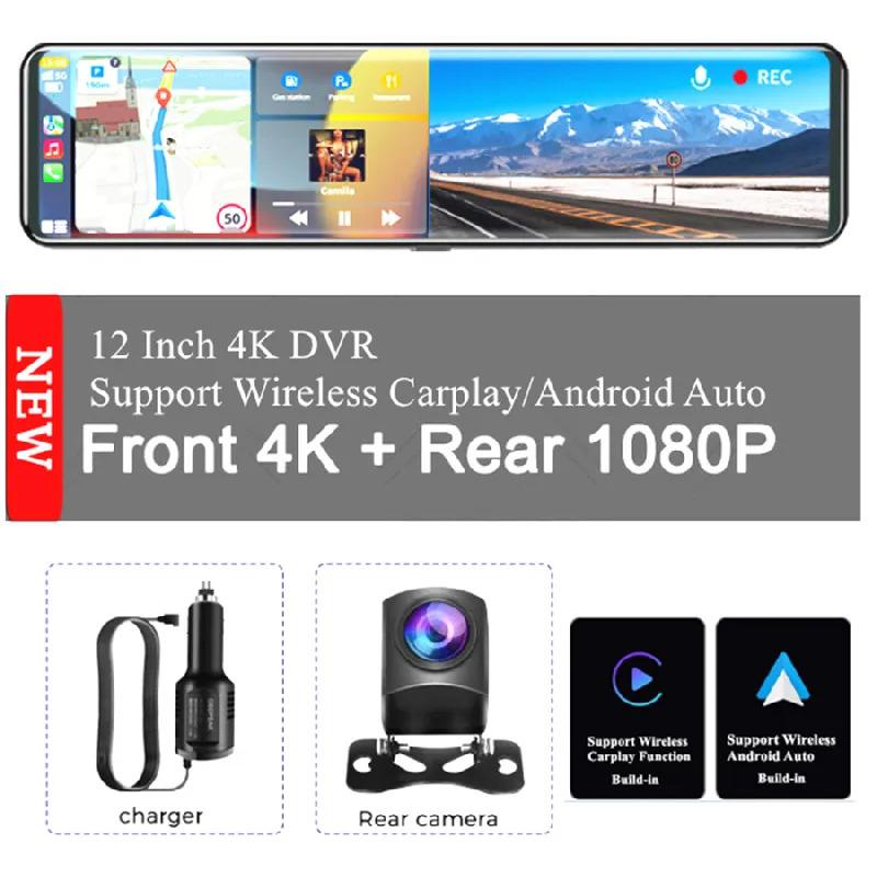 

12 Wifi Dash Cam Rearview Mirror Dvr Video Recorder Dual Lens Support Carplay