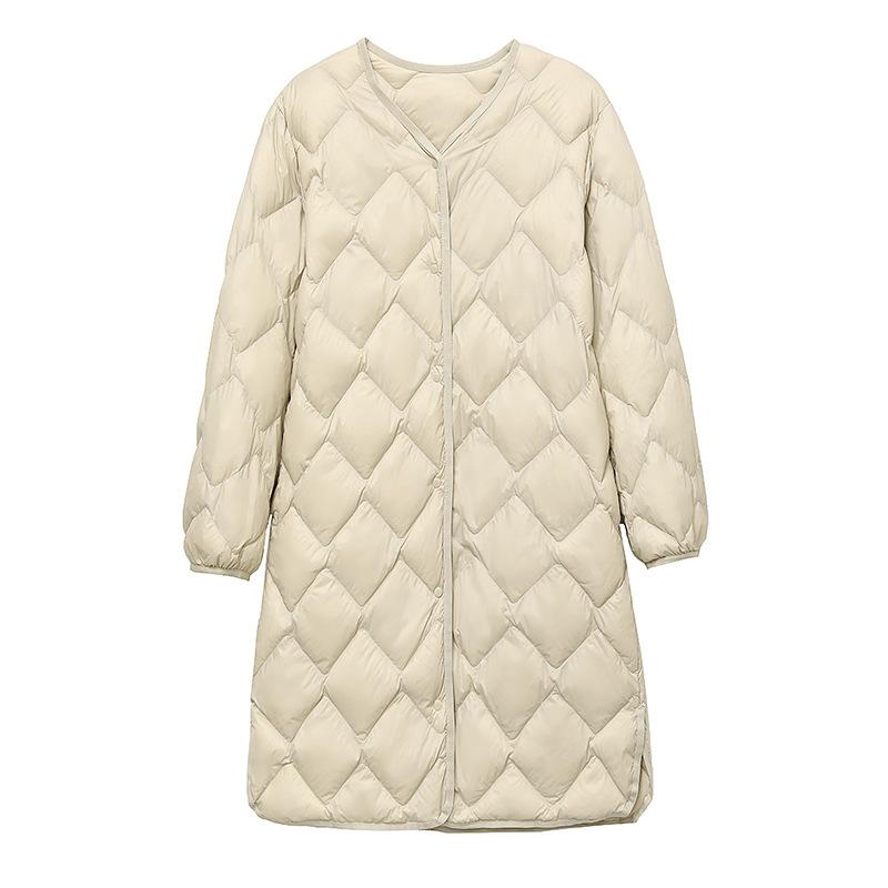 Lehká péřová bunda dámská střední a dlouhá 2025 podzim a zima nová s výstřihem do V dlouhá bunda bez límce vnitřní top tide