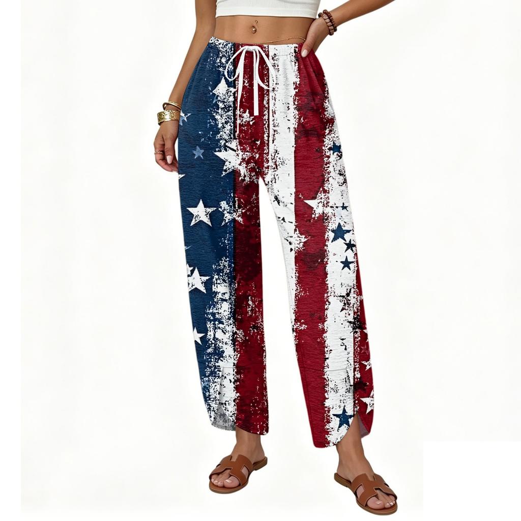 Women Casual Loose Straight Leg Wide Leg Drawstring Printed Long Pants with Pockets for Everyday Relaxed Wear
