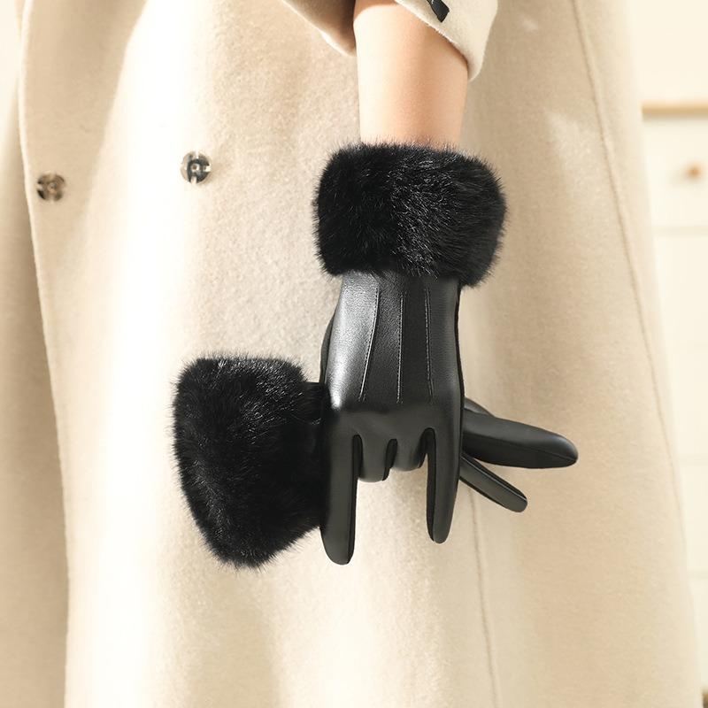 Imitation Mink Hair Mouth Leather Gloves Women'S Autumn And Winter Cold And Windproof Soft Velvet Warm Outdoor Riding Touch Screen Gloves