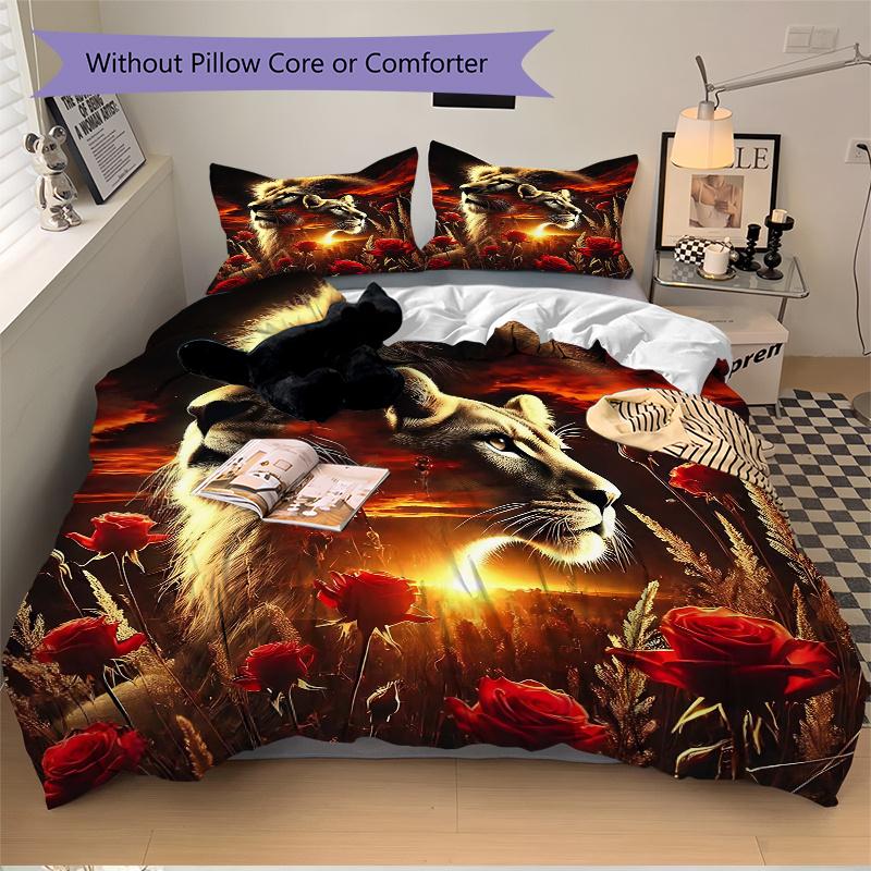 3pcs Lion's Majesty Amidst a Sea of Red Roses Bedding Set - Includes Quilt Cover and Pillowcases, Suitable for All Seasons,