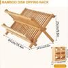 1 Pc Foldable Bamboo Tableware Drain Rack 2 Layer Large Countertop Drying Rack with Bowl Cup and Cutlery Holders Kitchen