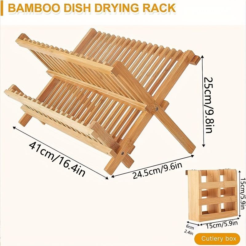1 Pc Foldable Bamboo Tableware Drain Rack 2 Layer Large Countertop Drying Rack with Bowl Cup and Cutlery Holders Kitchen