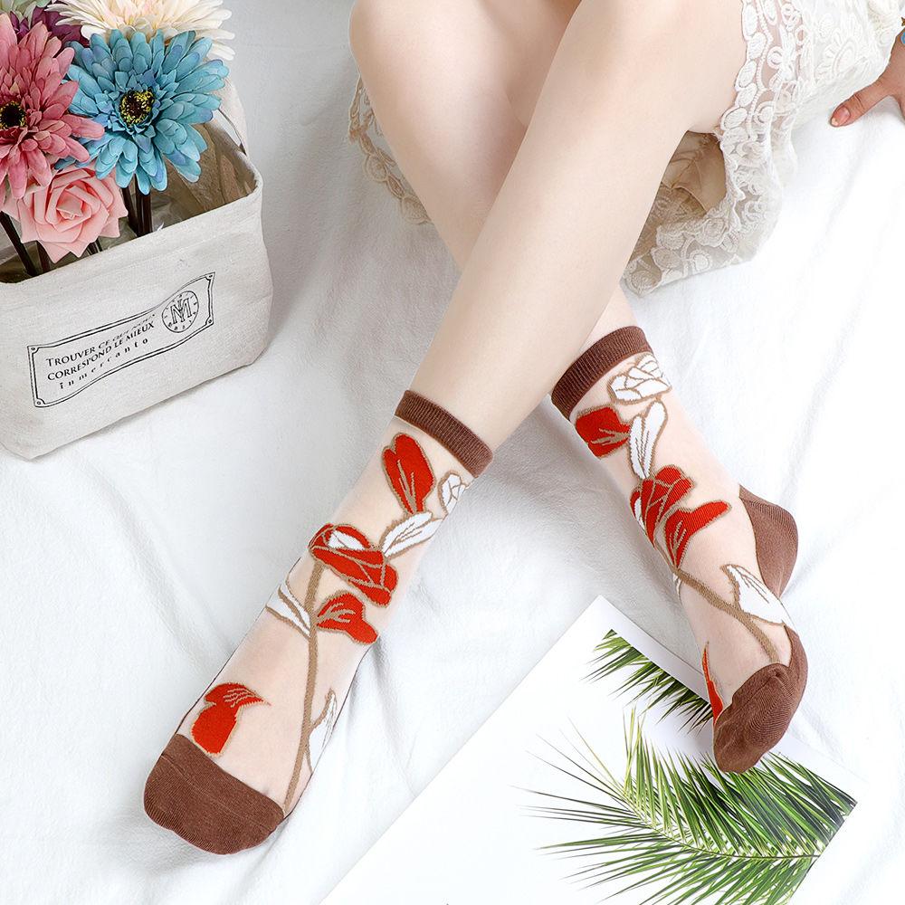 3 Pairs Women's Thin Summer Stockings Transparent Crystal Silk Long Tube Wear-resistant Cotton Sole Anti Slip Retro Ice Stockings
