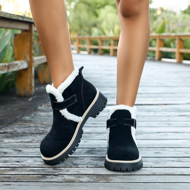 Fleece platform British style plus size cotton shoes women's 2025 winter new warm round toe buckle hairy booties