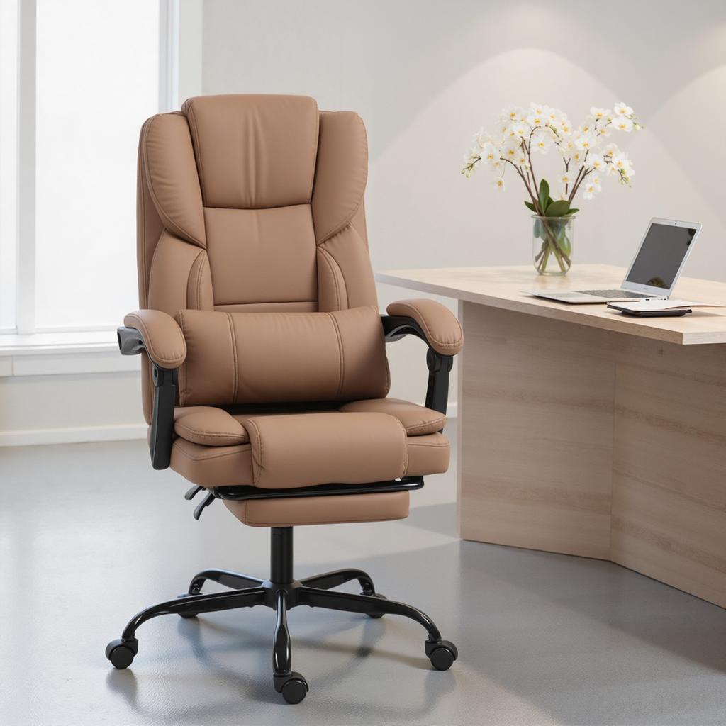 Office Chair with Cat Paw Leather Upholstery, Footrest, Height-Adjustable, Rollable, Brown