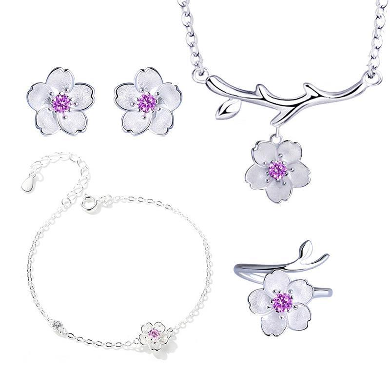 Silver Cherry Blossom Flower Cubic Zirconia Stone Jewelry Sets for Women Floral Necklace Bracelet Earring Ring Wedding Set