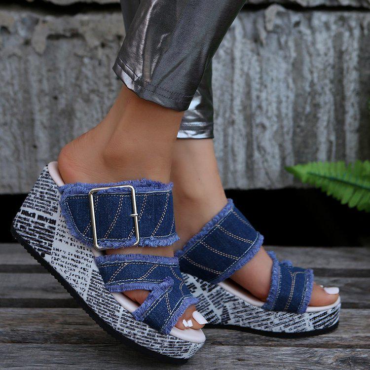 European & American Women's Wedge Heel One-Strap Buckle High-Heeled Sandals - Thick-Soled Fabric Beach Slippers.