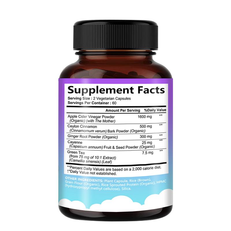 Apple Cider Vinegar, Ceylon Meat, Green Tea 120 Veggie Capsules Dietary Supplement