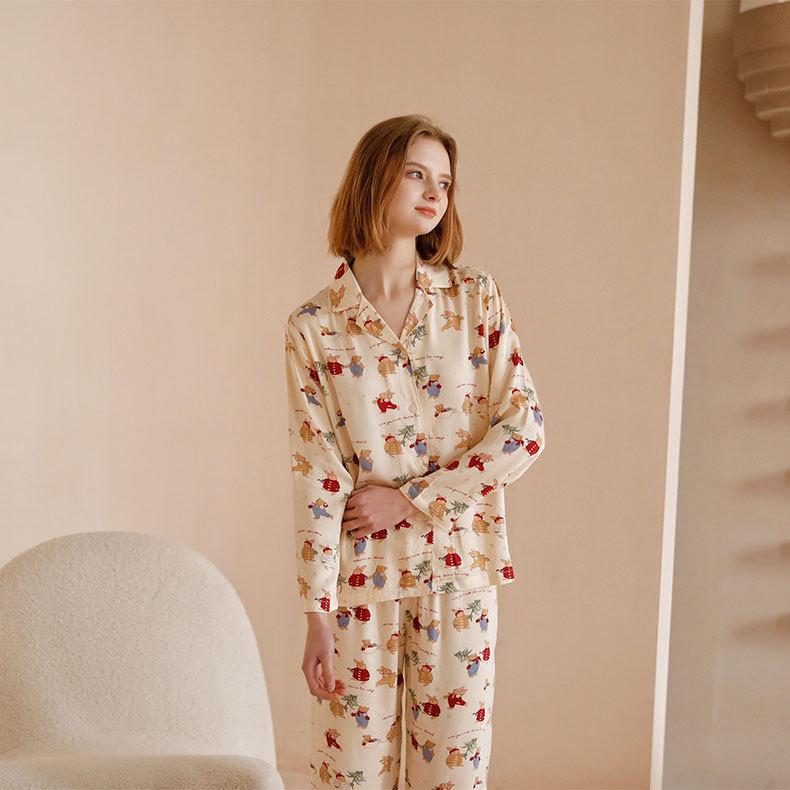 Damen Weihnachts-Satin-Pyjama-Set mit Kaninchen-Print - Kurzarm & Shorts