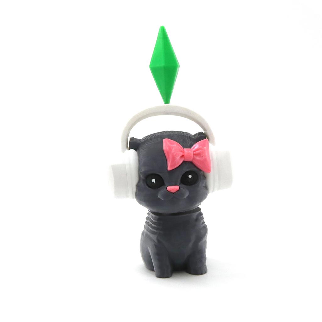 3D Printed Cat Figurine With Headphones & Plumbob Decor-Cute Geometric Kitten Statue,Home Desk Decor,Kawaii Room Accents Gift