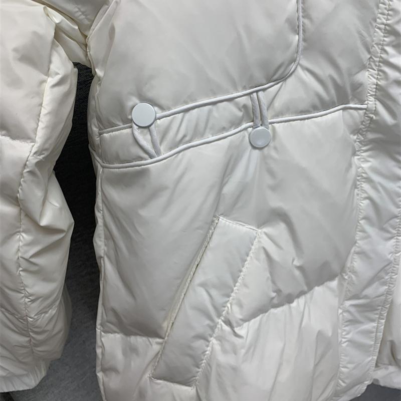 Femei, toamnă iarnă, jachetă albă din puf de rață, haină căptușită, guler scurt, mânecă completă, buzunar cu fermoar, vrac, îngroșare, culoare solidă