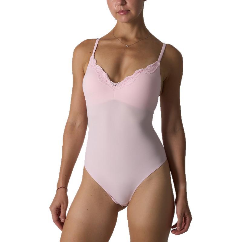 Sexy Lace Trim Camisole Bodysuit with Bra Pads - Fits All