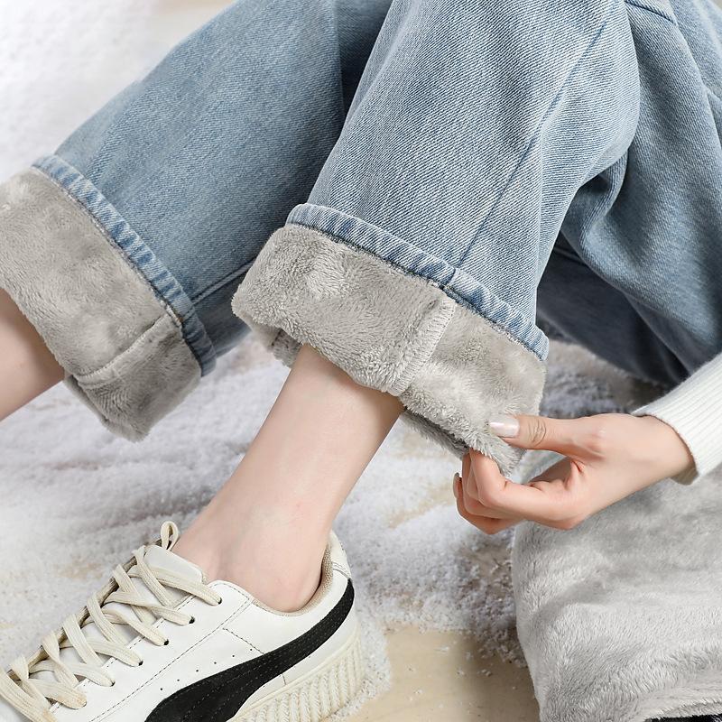 Women's High Rise Fleece Lined Straight Leg Wide Leg Denim Jeans Warm Winter Casual Trousers