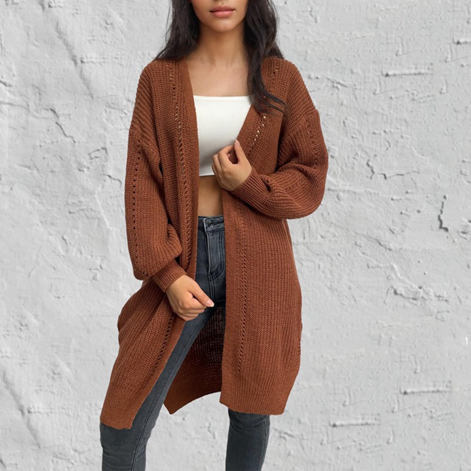 20/5000 Женский однотонный свободный трикотажный кардиган средней длины с длинным рукавом — фото 4