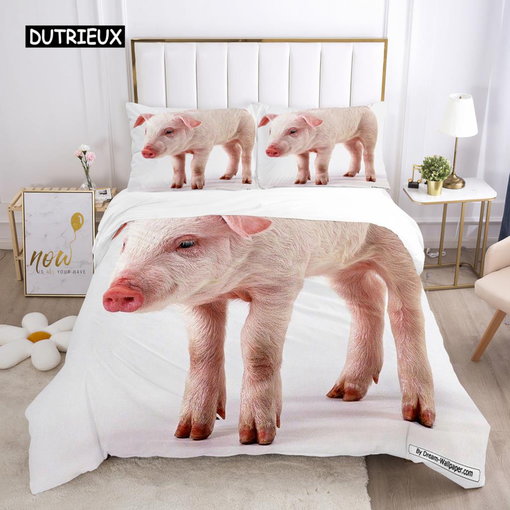 Pig Duvet Cover Set Queen Size Microfiber Cute Pig Animal Theme Twin Bedding Set Farm Animal 2/3pcs Quilt Cover for Boys Girls