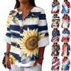 Women's Fashion Casual Button V-Neck Cotton And Linen Independence Day Printed Seven Sleeve T-Shirt Top