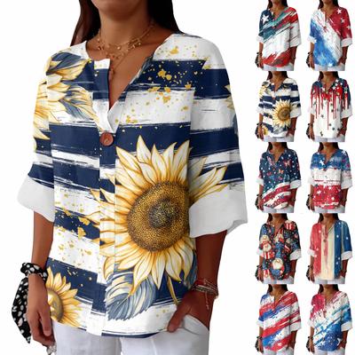 Women's Fashion Casual Button V-Neck Cotton And Linen Independence Day Printed Seven Sleeve T-Shirt Top