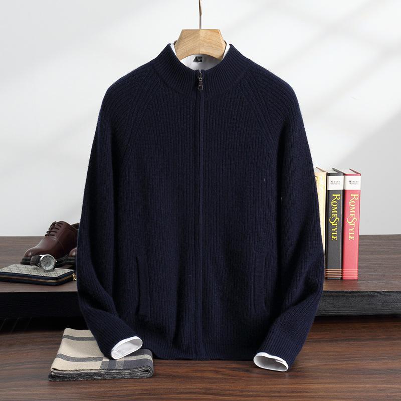 Men's Solid Color Cashmere Knit Cardigan - Autumn/Winter 2025, Loose, Soft, Comfortable, Zipper, Long Sleeve, Versatile.
