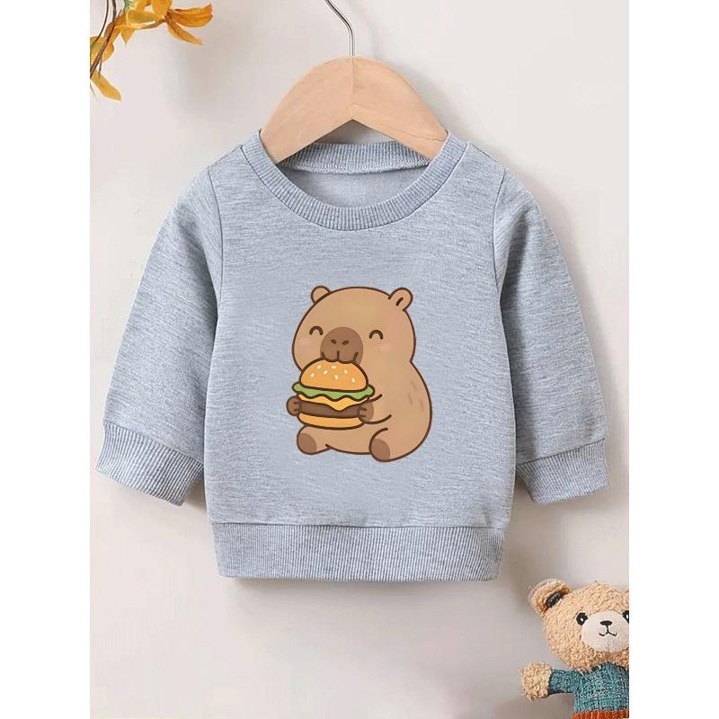 European Sizes Cute Cartoon Bear Burger Print  Kid Spring Thin Round Neck Sweatshirt 0-3 Years Comfortable Outdoor Outfit Choice