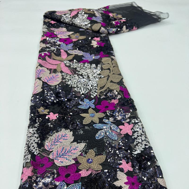1 Yards 3D Embroidery Sequin Mesh Flower Material DIY Sewing Craft Cloth Colorful Thread Evening Dress Fabric Lace Cloth 1Yard