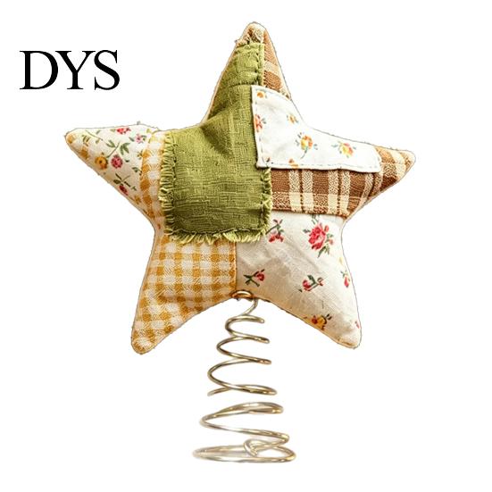 Plush Star Decor Christmas Tree Topper, Patchwork Stuffed Xmas Retro Pastoral Ornament for Winter Holiday Party Home Handmade Cloth Topper