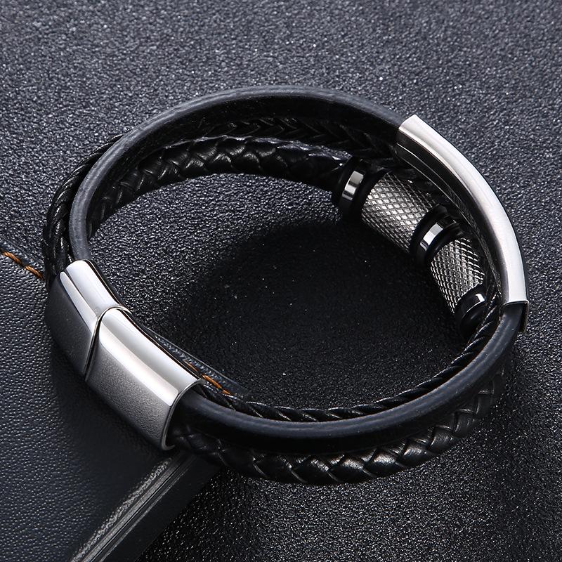 Men's Multi-layer Woven Leather Punk Bracelet with Stainless Steel Hip Hop Accents