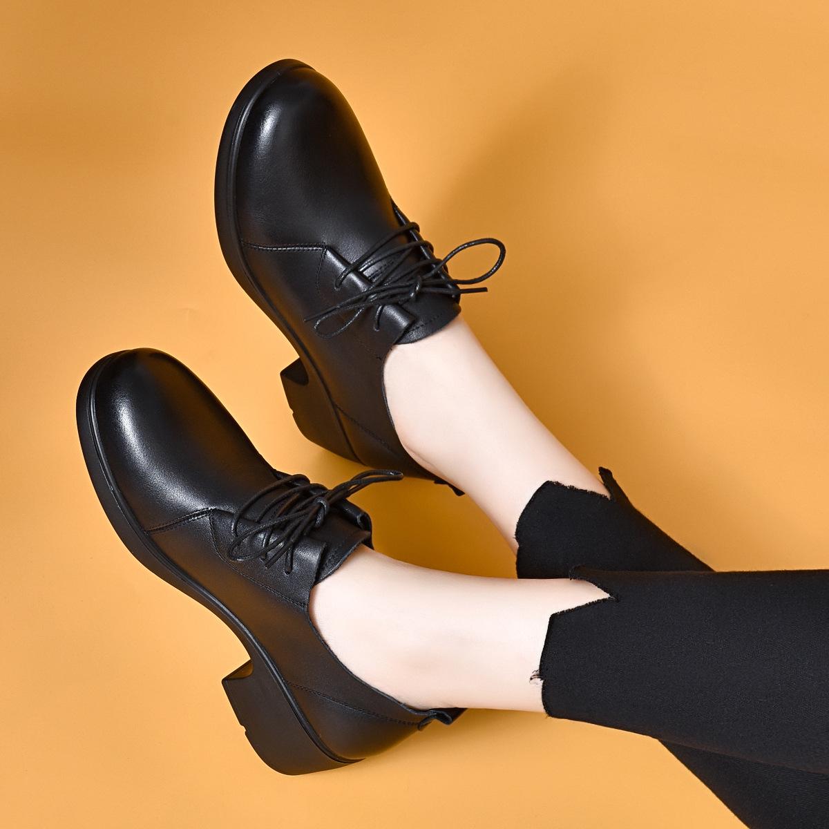 

Women s Black Chunky Heel Leather Lace-Up Loafers - Soft Top Layer Cowhide, Round Toe, Exclusive 35 чёрный