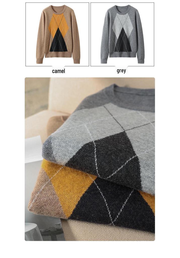 2024 Women's Diamond Pattern Wool Knit Sweater - Round Neck Base Layer for Autumn & Winter