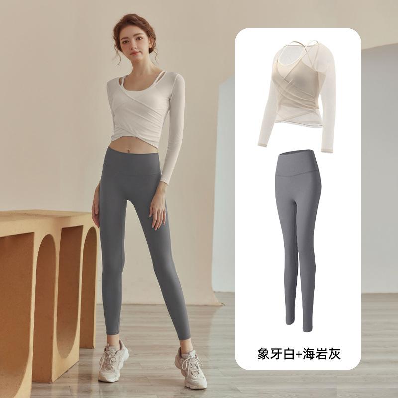 Two-piece mesh top, long-sleeved vest, professional Pilates training with chest pad, yoga clothes, women's gym exercise
