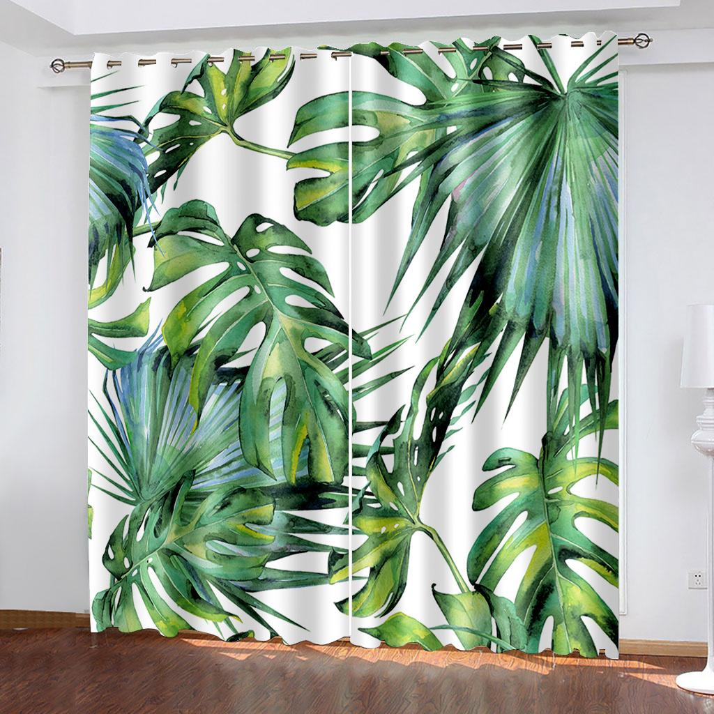 2panels Palm Leaf Pattern Window Curtain Tropical Plant Leaves Green White Drapes For Bedroom Living Room Kitchen Room Home Deco