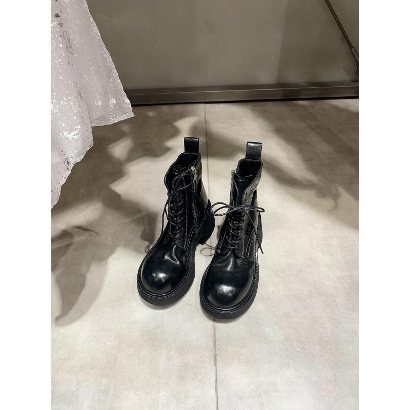 ! Shoes Leather Shrinkage Horse Leather Lace-up Thick Heel Platform Martin Short Boots Women's Autumn and Winter
