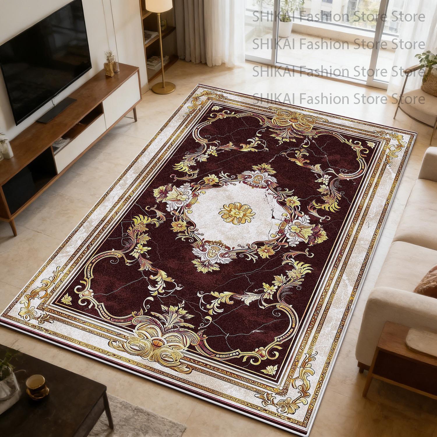 

French Rococo Gold Stripes Living Room Carpet Decoration Bedroom Bedside Antiskid Fluffy Rug Easy Clean Short Velvet Floor Mats 60x90cm