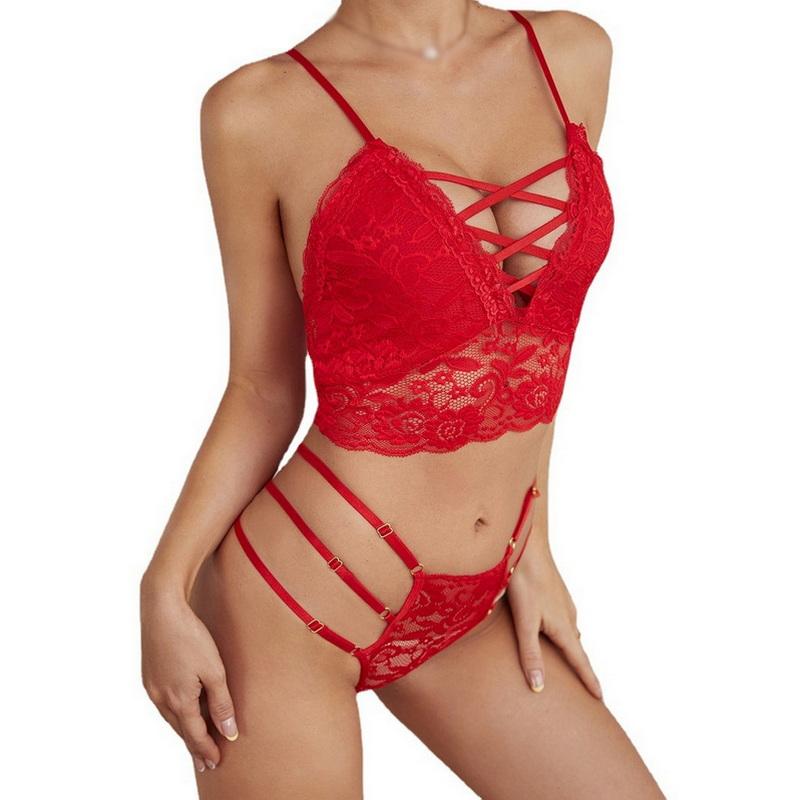 Damski seksowny komplet bielizny Koronkowe stringi Jednokolorowy podkoszulek Camisole Tube Top Zestaw majtek Komplet bielizny z kwiatowym nadrukiem