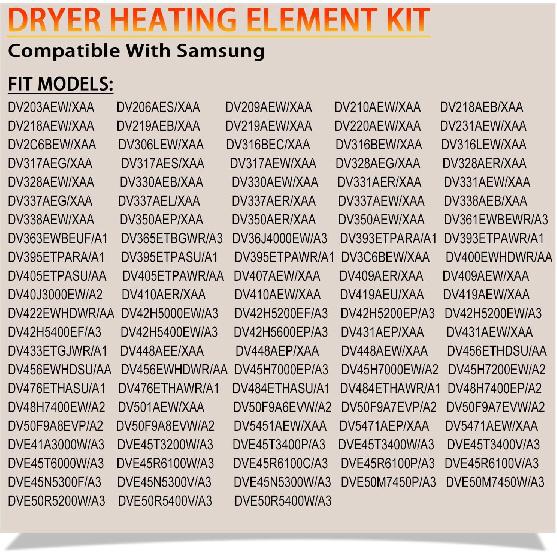 Dryer Heating Element Kit Compatible With Samsung DVE45N5300F/A3 DVE45N5300V/A3 DVE45N5300W/A3 DVE50M7450P/A3 DVE50M7450W/A3 DVE50R5200W/A3