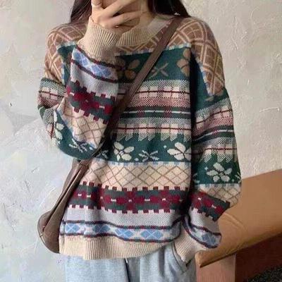 Vintage Jacquard Pullover für Damen, Herbst und Winter, Design, Gefühl, fauler Stil, Rundhalsausschnitt, lange Ärmel, lose Außenbekleidung für Damen