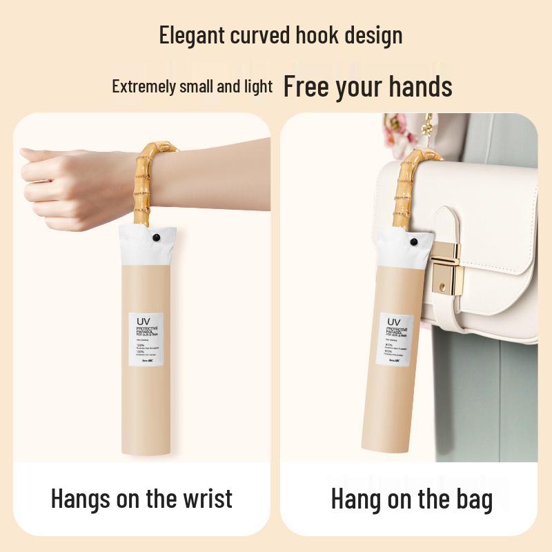 Bamboo Handle Two-Fold Umbrella - Lightweight Black UV Protection and Sunscreen Parasol