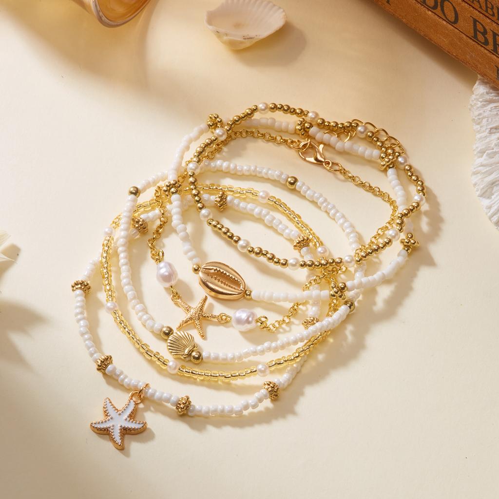 Summer Multilayer Stacked Rice Bead Ankle Chains For Women Boho Starfish Shell Conch Foot Chain Daily Beach Party Foot Jewelry