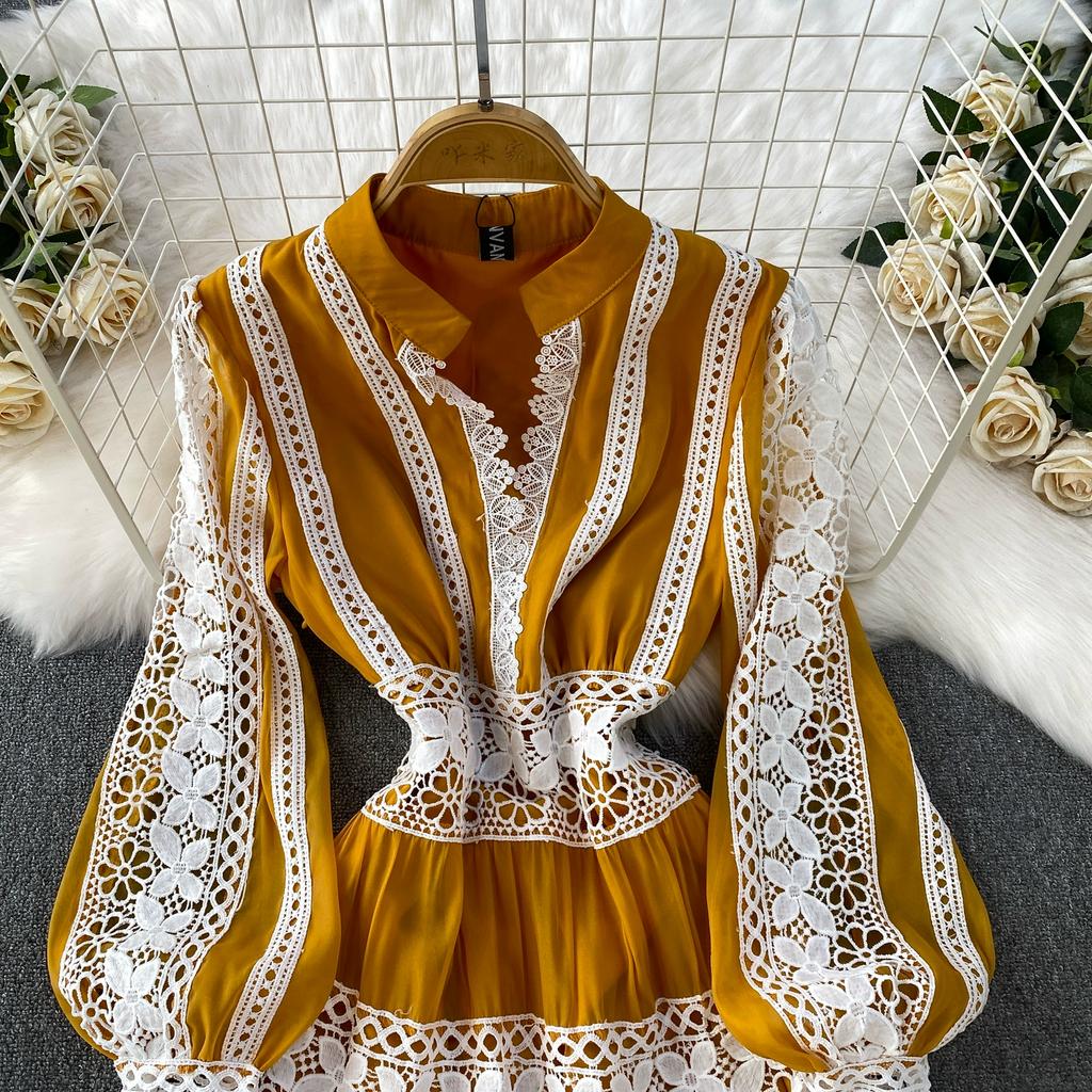 Vestidos de Noite de Baile de Outono de Designer de Luxo Vazados Bordados Para Mulheres Renda Patchwork Decote em V Manga Longa Lanterna Maxi Robe